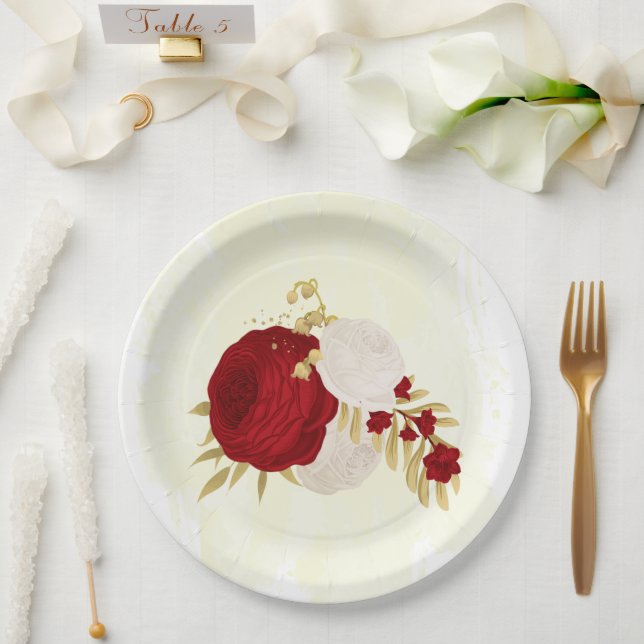 Assiettes En Carton Romantique rouge foncé & fleurs blanches or (Mariage)