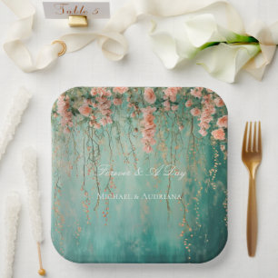 Assiettes En Carton Romantique Turquoise Fleurs de Pêche à Brosse Mari