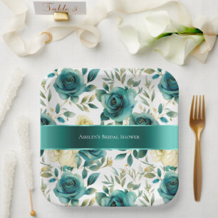 Assiettes En Carton Romantique Turquoise Green Cream Rose Floral