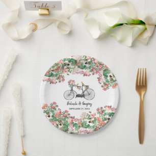 Assiettes En Carton Romantique Vintage Vélo Fleurs & Oiseaux Mariage