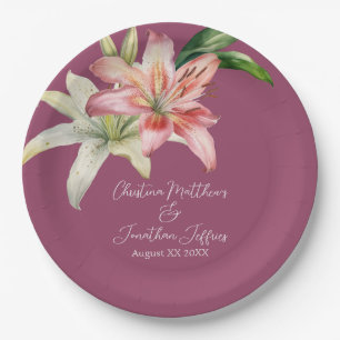 Assiettes En Carton Romantiques lys roses et blancs sur fuchsia