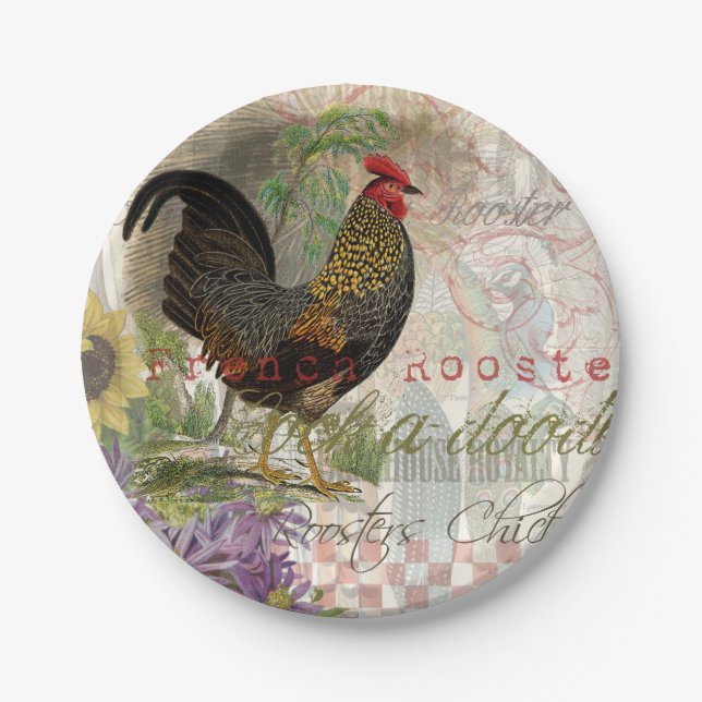 Assiettes En Carton Rooster vintage Français Collage Ferme Animaux dom (Devant)