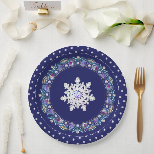 Assiettes En Carton Rosace bleue et flocon de neige (Mariage)