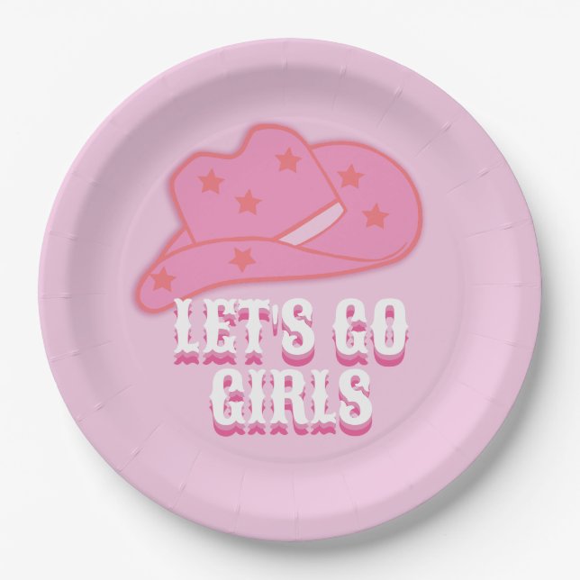 Assiettes En Carton Rose Allons-y Filles Cowboy Casquette Rodéo (Devant)