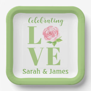 Assiettes En Carton Rose aquarelle LOVE NOM Mariage