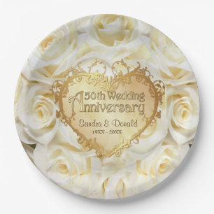 Assiettes En Carton Rose blanche 50e anniversaire de Mariage