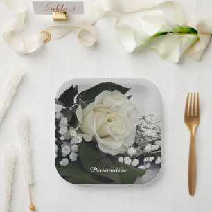 Assiettes En Carton Rose Blanche Élégante et Romantique Personnalisabl