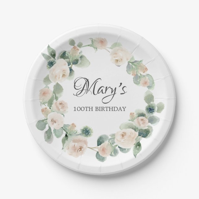 Assiettes En Carton Rose blanche Eucalyptus 100e anniversaire (Devant)