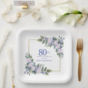 Assiettes En Carton Rose blanche Flore bleu Custom 80e fête d'annivers