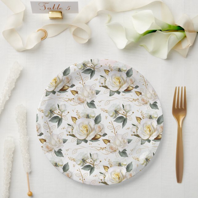 Assiettes En Carton Rose blanche Mariage floral romantique (Mariage)