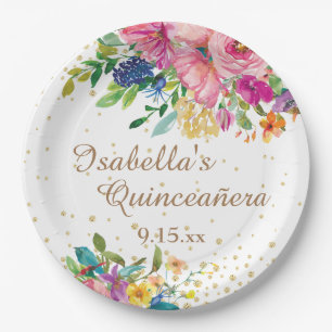 Assiettes En Carton Rose Bleu Jaune Floral Quinceañera Anniversaire