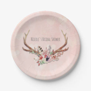 Assiettes En Carton Rose Blush Rose Floral Deer Antlers Boho Chic
