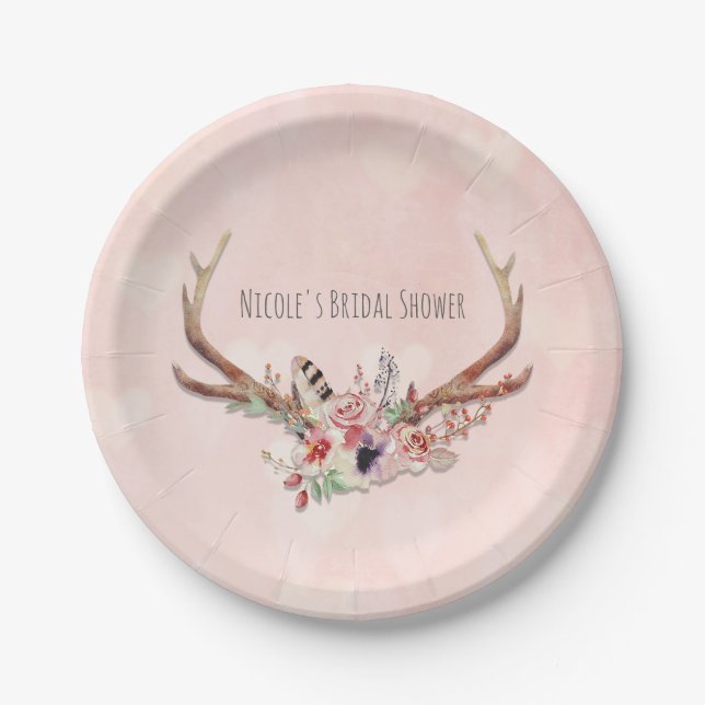 Assiettes En Carton Rose Blush Rose Floral Deer Antlers Boho Chic (Devant)
