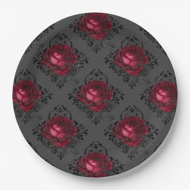 Assiettes En Carton Rose bourguignon Élégant Motif gothique | Hallowee (Devant)