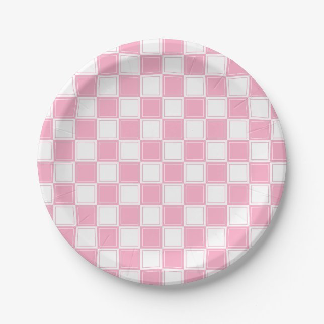Assiettes En Carton Rose Checkered rayé et blanc (Devant)