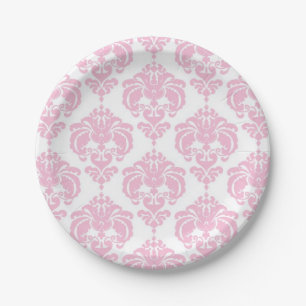 Assiettes En Carton Rose Clair et Blanc Damassé Chic Élégant Fête