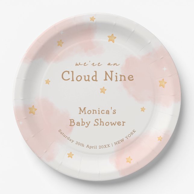 Assiettes En Carton Rose Cute Nuage Neuf Fille Douche bébé (Devant)