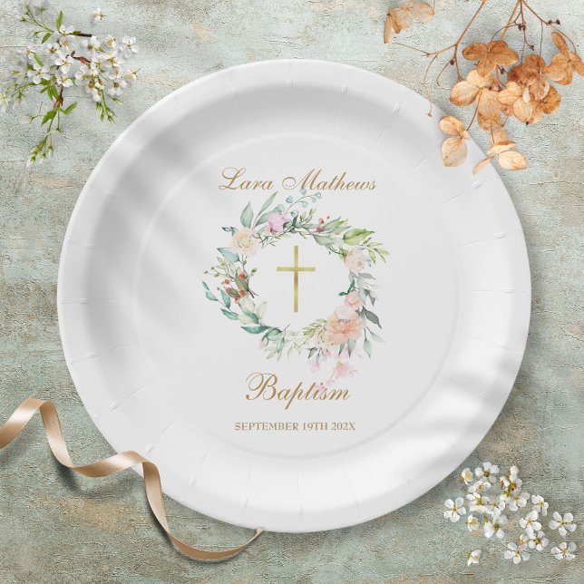 Assiettes En Carton Rose de bois Garland Baptême Christening (Woodland Rose Garland Baptism Christening Paper Plates)