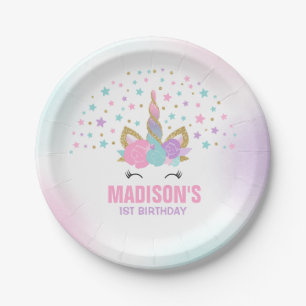 Assiettes En Carton Rose de licorne et plaque à papier 7" d'or plaque