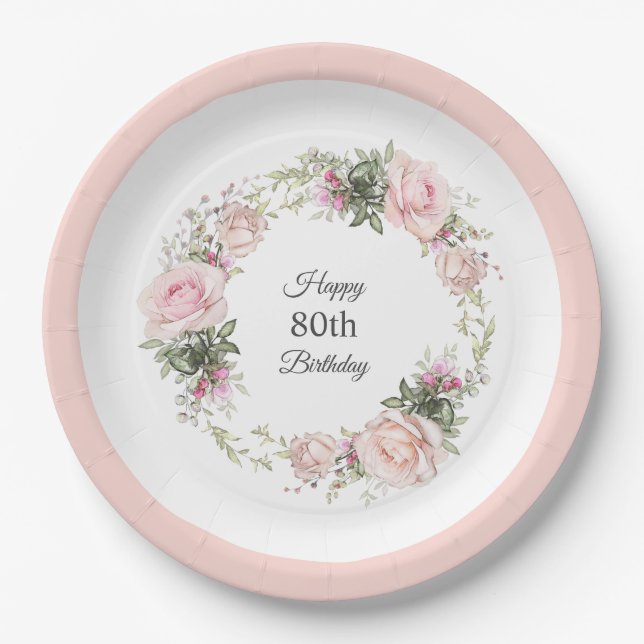 Assiettes En Carton Rose d'été Jardin Floral Anniversaire avec âge (Devant)