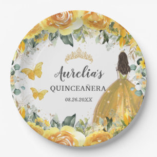 Assiettes En Carton Rose d'or jaune papillons Floral Princesse