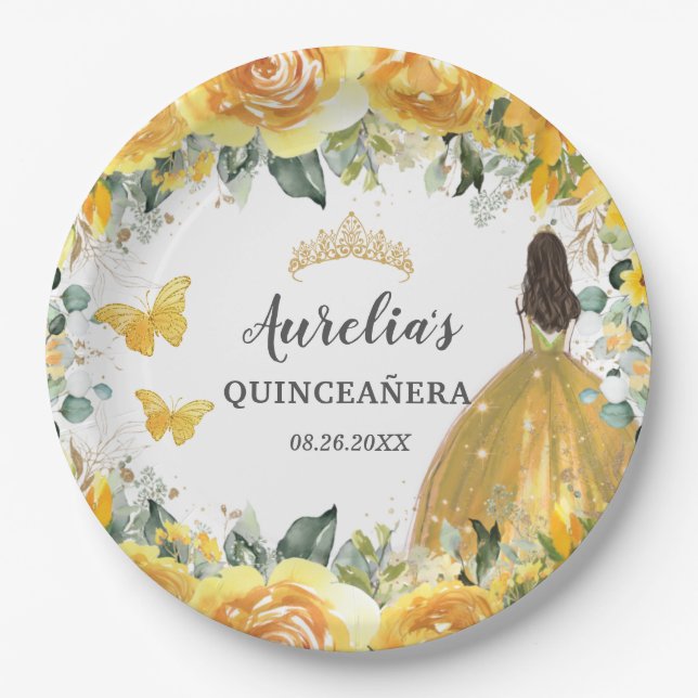 Assiettes En Carton Rose d'or jaune papillons Floral Princesse  (Devant)