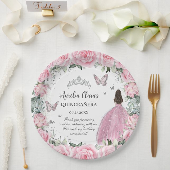Assiettes En Carton Rose Élégant Fleurs Princesse Argent Quinceañera X (Mariage)