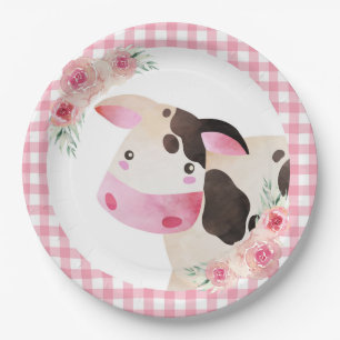 Assiettes En Carton Rose En vichy Floral Vache de ferme animal