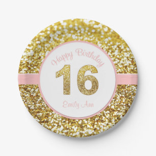 Assiettes En Carton Rose et 16èmes plats d'anniversaire d'or