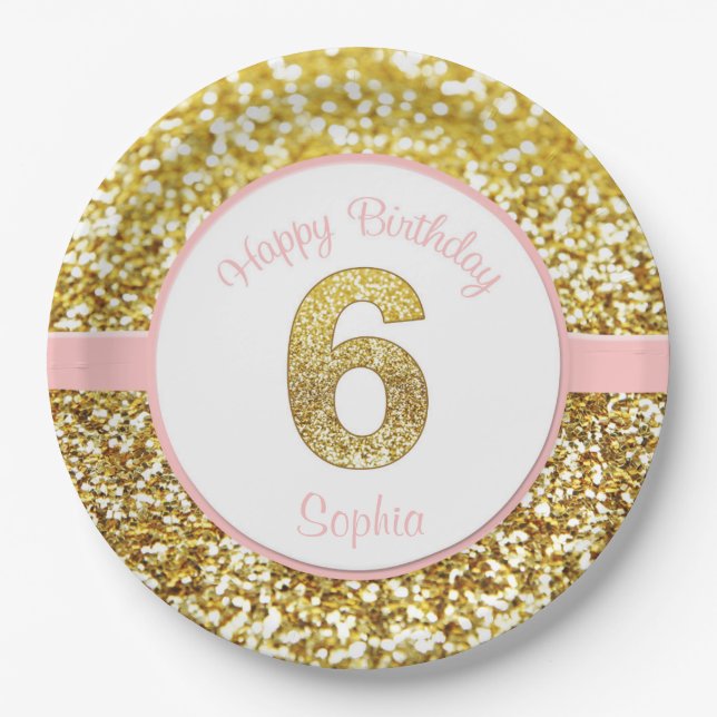 Assiettes En Carton Rose et 6èmes plats d'anniversaire d'or (Devant)
