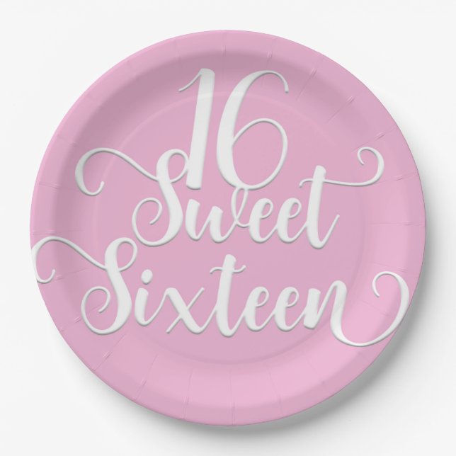 Assiettes En Carton Rose et blanc sucré 16 fête d'anniversaire (Devant)