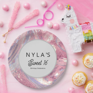 Assiettes En Carton Rose et sequin violet iridescent