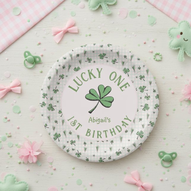 Assiettes En Carton Rose et vert Lucky One irlandais fille 1er anniver (Lucky One Green Shamrock Four Leaf Clover 1st Birthday Paper Plates. Irish St Patrick's Day Party)