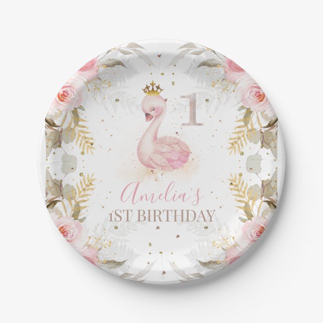 Assiettes En Carton Rose Floral Princess Swan 1er anniversaire (Devant)
