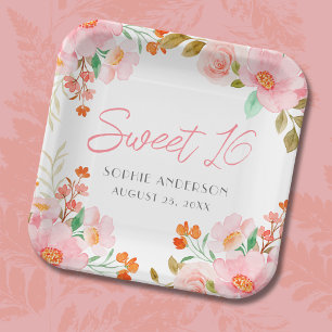 Assiettes En Carton Rose Floral Sweet 16 Anniversaire Plaque de fête