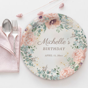 Assiettes En Carton Rose Floral Vert Foliage Or Parties scintillant An