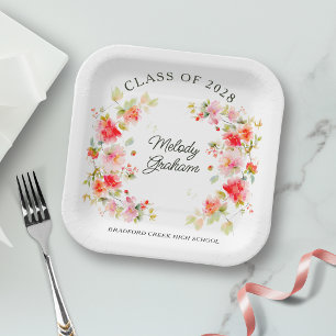 Assiettes En Carton Rose Florale Orange Rouge Clair Classe de Diplômés