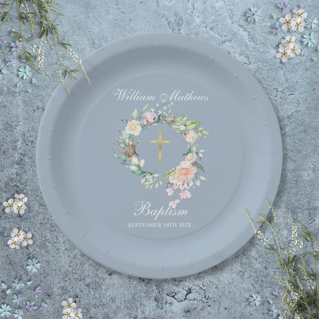 Assiettes En Carton Rose Garland Baptême Christening Dusty Blue (Rose Garland Baptism Christening Dusty Blue Paper Plates)