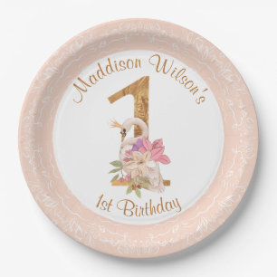 Assiettes En Carton Rose Girl Swan 1er Anniversaire Plaque Papier