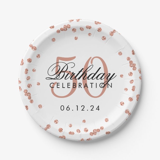 Assiettes En Carton Rose Gold 50e anniversaire Parties scintillant Con (Devant)