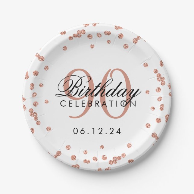 Assiettes En Carton Rose Gold 90th Birthday Parties scintillant Confet (Devant)