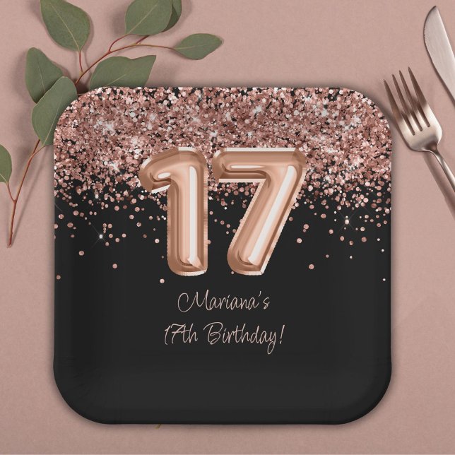 Assiettes En Carton Rose Gold Black 17th Birthday Party (Créateur téléchargé)