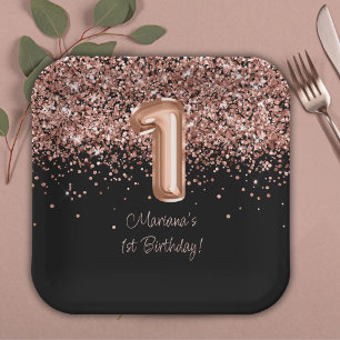 Assiettes En Carton Rose Gold Black 1er anniversaire