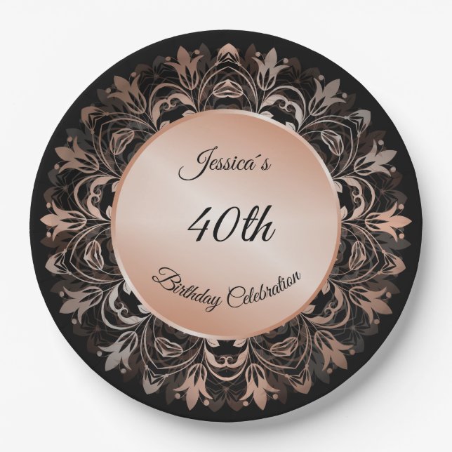 Assiettes En Carton Rose Gold Black Floral Mandala (Devant)