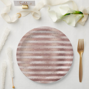 Assiettes En Carton Rose Gold Blush Pink Stripes Glitz