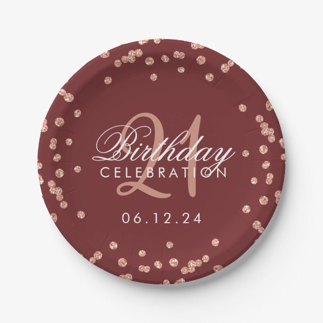Assiettes En Carton Rose Gold Burgundy Parties scintillant Confetti 21 (Devant)