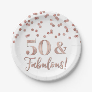 Assiettes En Carton Rose Gold Confetti 50 et fabuleux anniversaire