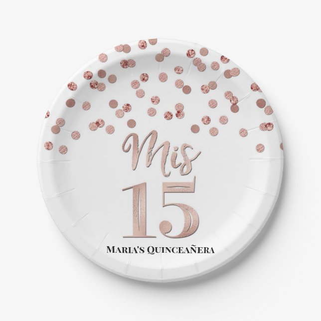 Assiettes En Carton Rose Gold Confetti Mis 15 Quinceanera (Devant)