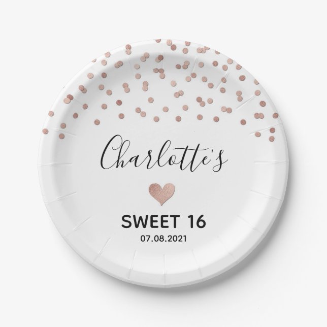 Assiettes En Carton Rose Gold Confetti Sweet 16 Anniversaire (Devant)