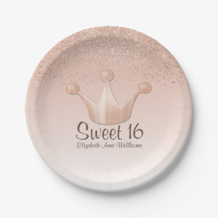 Assiettes En Carton Rose Gold Couronne Sweet 16 Plaque en papier
